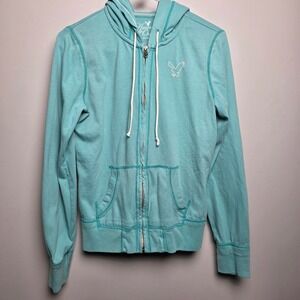 American Eagle Women's Size Medium Teal Zip Up Hoodie Embroidered Eagle Logo